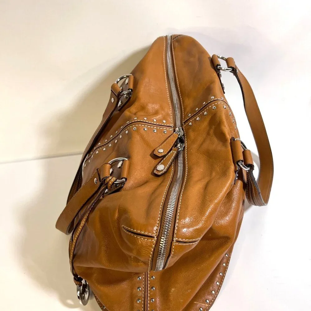 Michael Kors Tan Studded Leather Tote Bag With MK Charm & Zip Closure